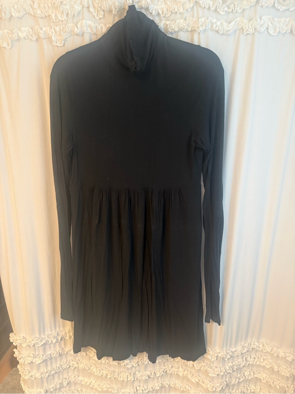 Theory Black Long-Sleeve Turtleneck Pleated Waist Dress